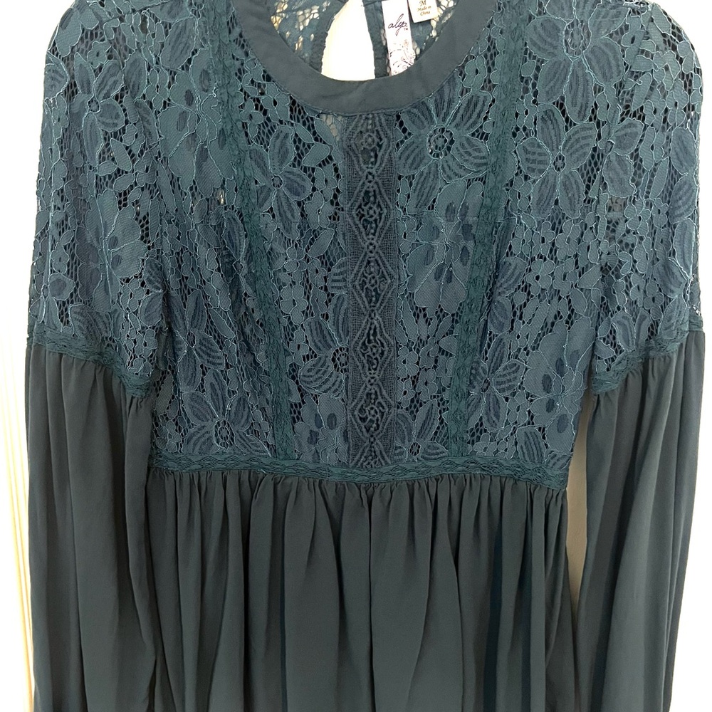 Alya Blue Long-Sleeve Lace and Soft Fabric Babydoll Blouse